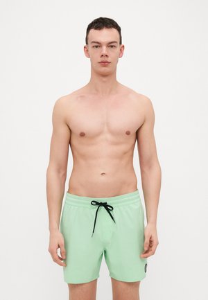 Mint green swim shorts with an elastic waistband and black drawstring. Features a small logo on the left leg. Smooth, lightweight fabric.