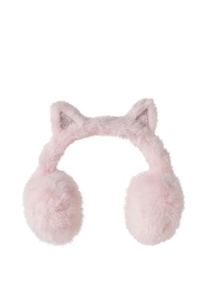 Cache-oreilles doux et duveteux rose avec des oreilles de chat et des détails intérieurs roses scintillants sur fond blanc.