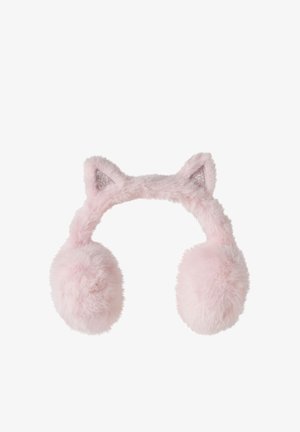 Cache-oreilles doux et duveteux rose avec des oreilles de chat et des détails intérieurs roses scintillants sur fond blanc.