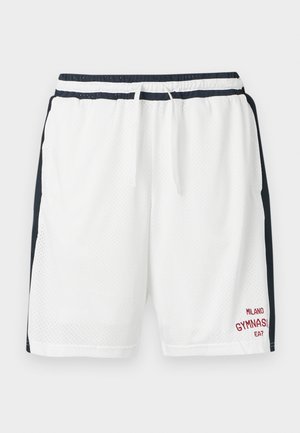 Bijele atletske kratke hlače s tamnoplaviim bočnim panelima, izrađene od mrežastog materijala, s elastičnom trakicom i vezicom. "Milano" i "GYMNASI" u crvenom tekstu.