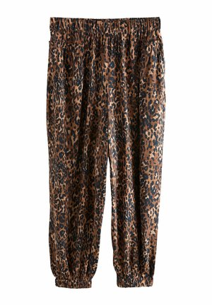 Pantaloni con stampa leopardata in marrone e nero. Realizzati in tessuto morbido con cintura elastica e caviglie arricciate, dotati di due tasche laterali.