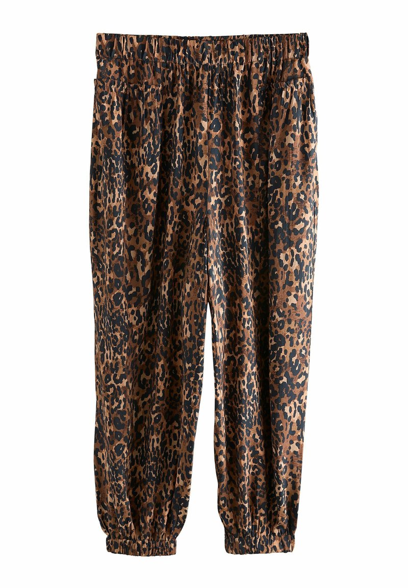Pantalons à imprimé léopard en marron et noir. Fabriqués en tissu doux avec une taille élastique et des chevilles resserrées, dotés de deux poches latérales.