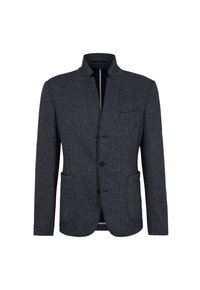 Dark gray blazer featuring a structured design, notch collar, and two front pockets. Made from textured fabric with single button closure.