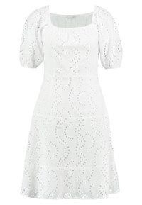 Robe en coton blanche avec des manches bouffantes et de la broderie œillettée en motifs ondulés, dotée d'un décolleté carré et d'une jupe légèrement évasée.