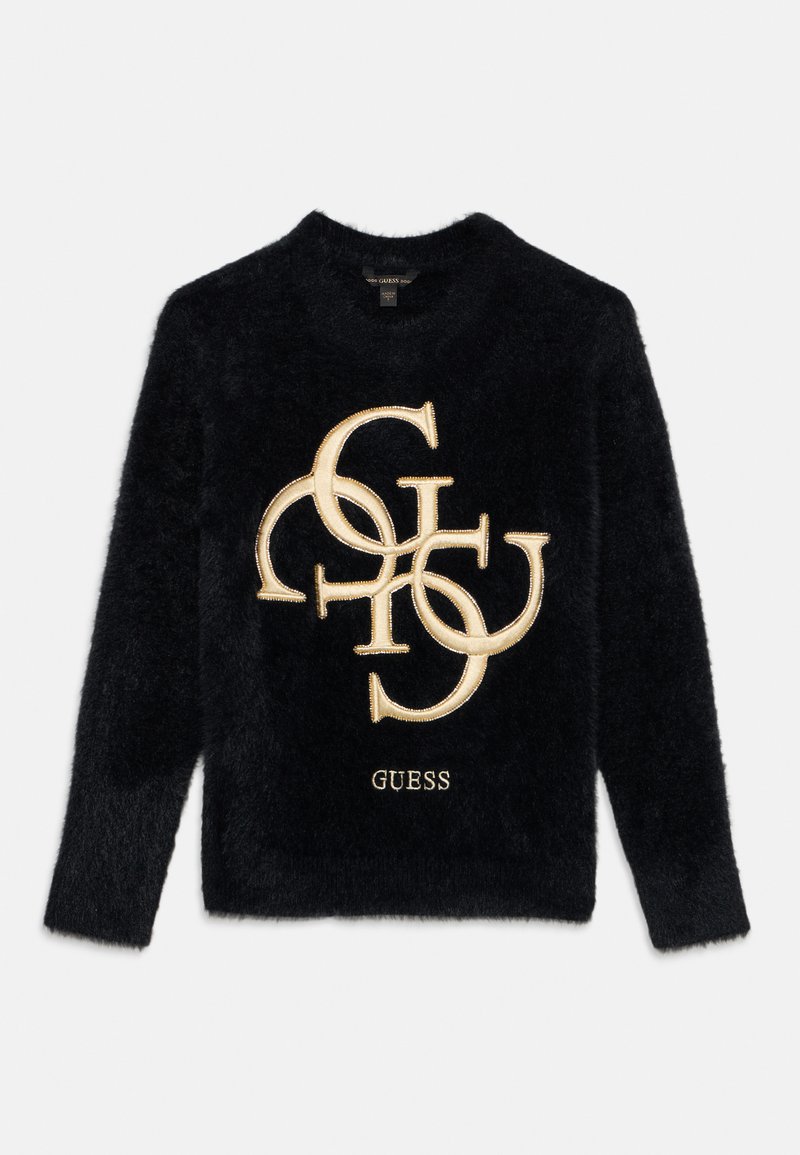 Črn puhast pulover z okroglo ovratnikom, ki ima zlato vezene logotip in ime blagovne znamke "GUESS" na dnu. Mehka tekstura, sproščen kroj.