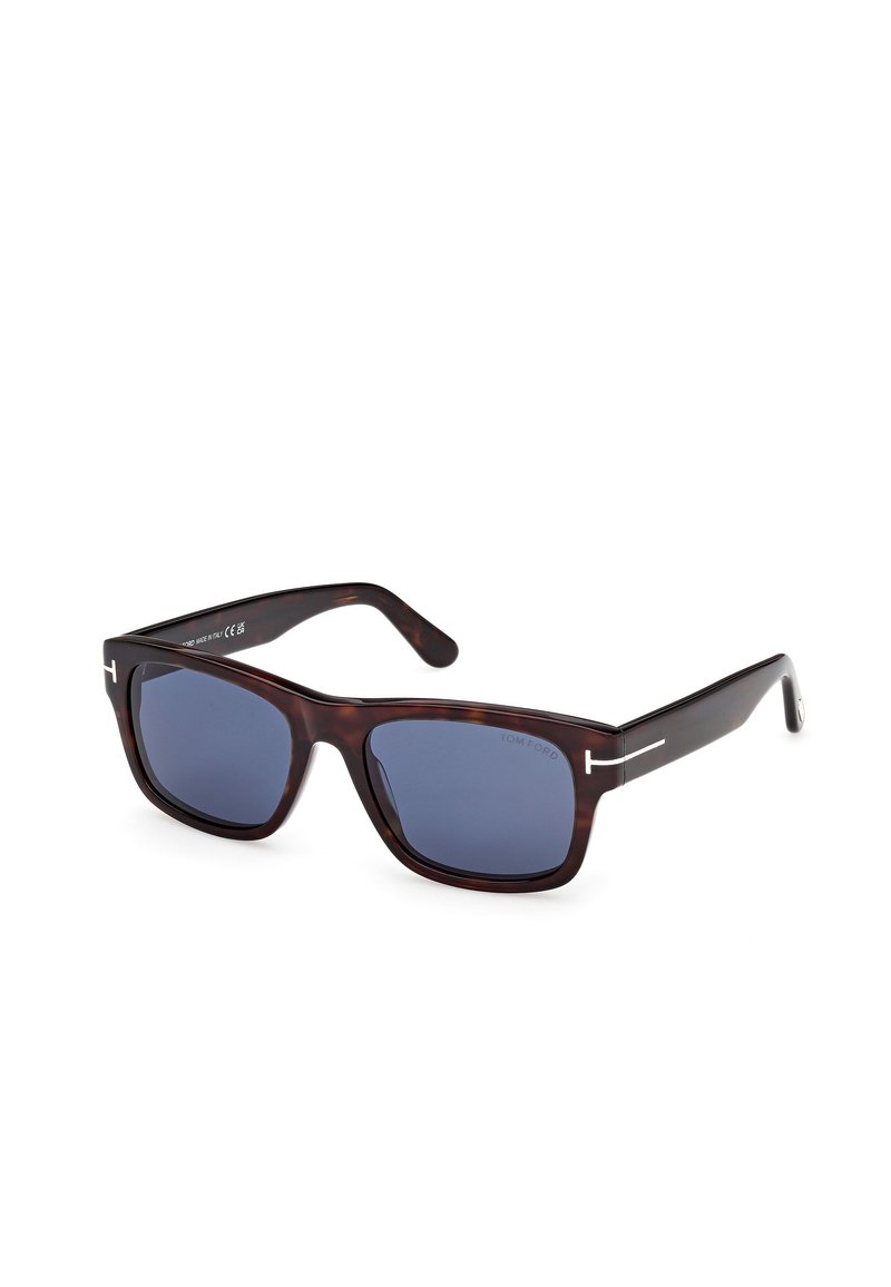 Tortoiseshell sunglasses with blue lenses, rectangular shape, contrasting silver accents on temples, glossy finish, and textured frame.