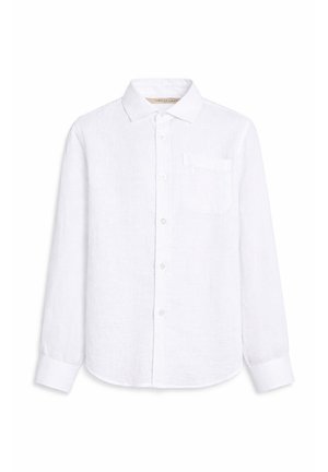 Wit overhemd met lange mouwen, knopen, spitse kraag, borstzak voorop en knoopmanchetten op een effen achtergrond.