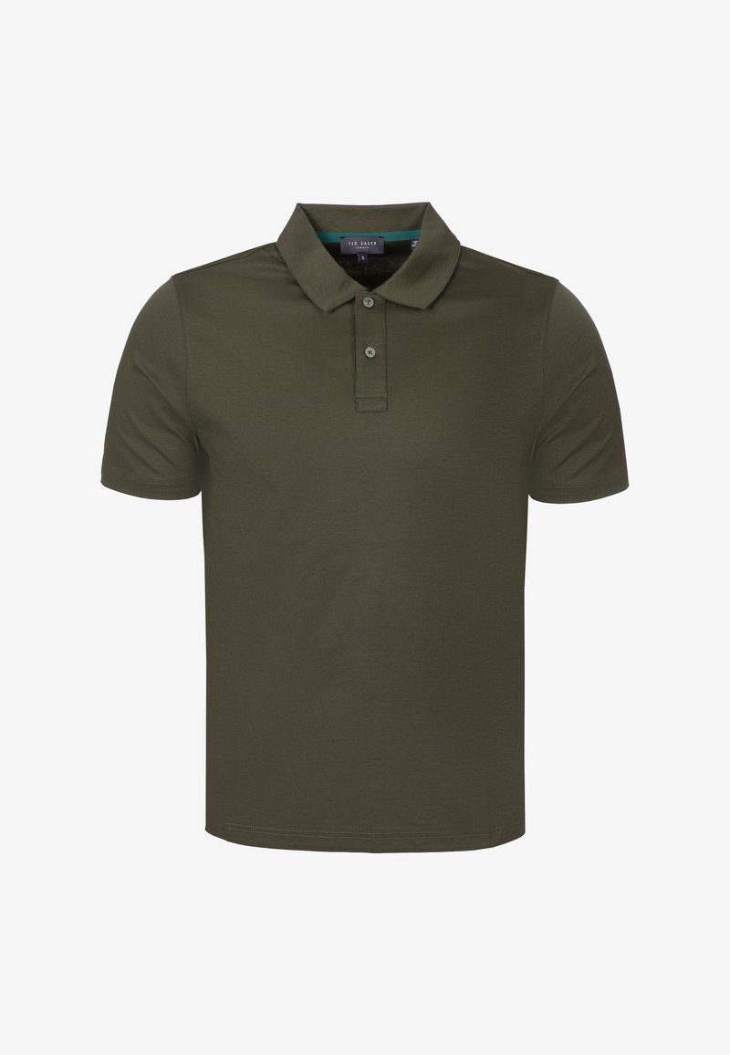Dunkelgrünes Poloshirt mit kurzen Ärmeln, Zwei-Knopf-Leiste und klassischem Kragen, auf weißem Hintergrund dargestellt.