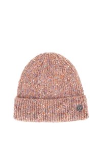 Dziana czapka typu beanie w mieszanych różowo-pomarańczowych odcieniach, z prążkowaną fakturą i podwiniętym mankietem. Zawiera małe, okrągłe logo.