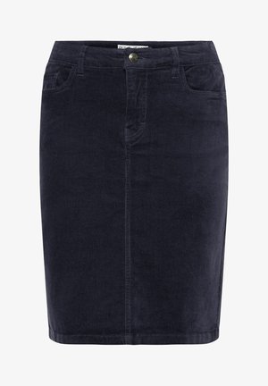 Gonna di jeans in blu scuro, texture corduroy, con due tasche frontali, bottone superiore e silhouette dritta, che termina appena sopra il ginocchio.