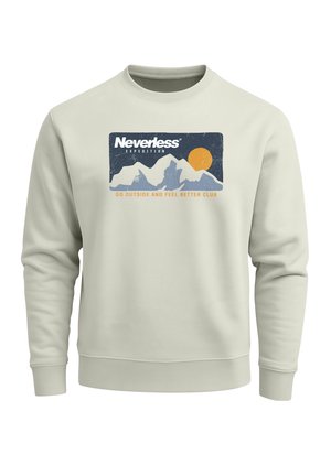 Light gray sweatshirt featuring a mountain and sun graphic with "Neverless Expedition" text. Soft fabric, crew neck, ribbed cuffs and hem.