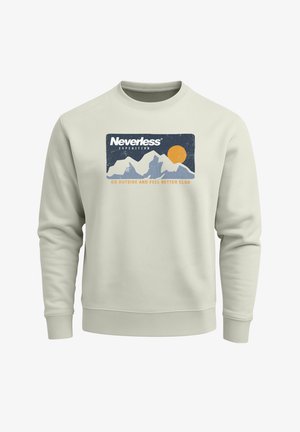 Light gray sweatshirt featuring a mountain and sun graphic with "Neverless Expedition" text. Soft fabric, crew neck, ribbed cuffs and hem.