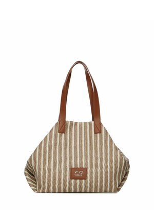 Borsa tote a righe beige e bianche con manici in pelle marrone e etichetta "V°73 Venezia" al centro anteriore.