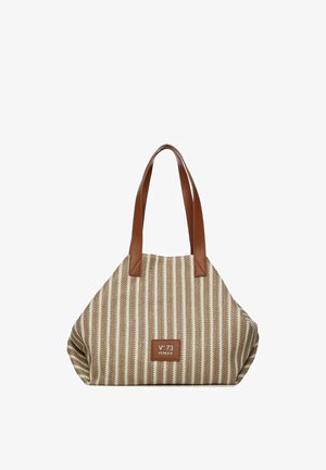 Sac fourre-tout à rayures beige et blanches avec poignées en cuir marron et étiquette "V°73 Venezia" centrée à l'avant.