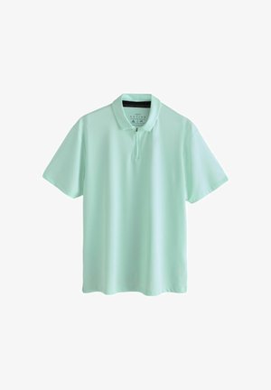 Hellgrünes Polohemd mit kurzen Ärmeln, Reißverschluss und Kragen, dargestellt auf weißem Hintergrund.