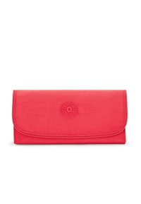 Red nylon wallet with a fold-over flap, featuring a circular logo on the front. Smooth texture, compact rectangular shape.