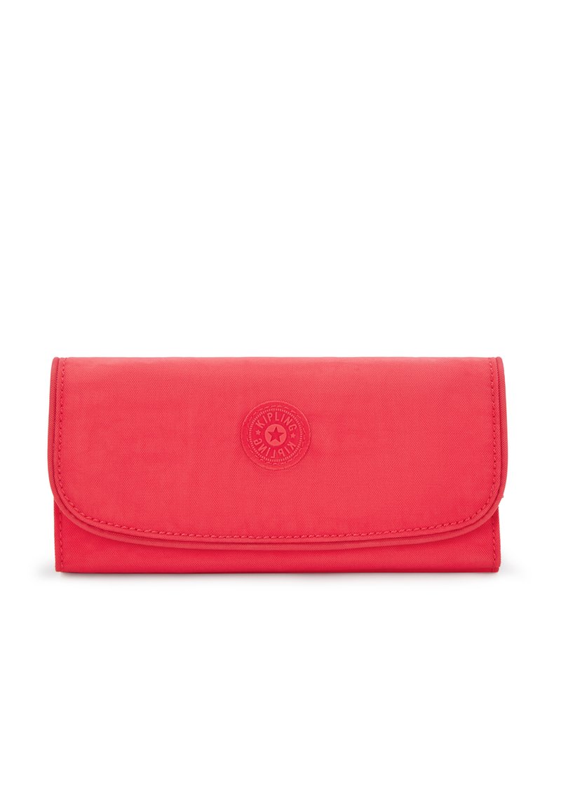 Red nylon wallet with a fold-over flap, featuring a circular logo on the front. Smooth texture, compact rectangular shape.