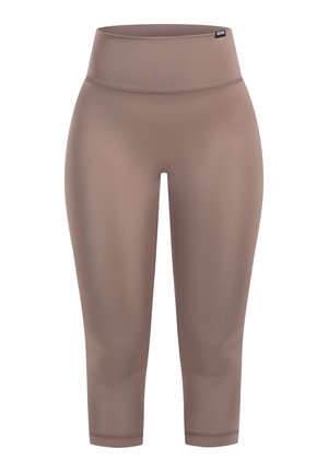 Bruine, middelhoogwaardige capri-legging van glad, rekbaar materiaal met een brede tailleband en geen zichtbare patronen of accenten.