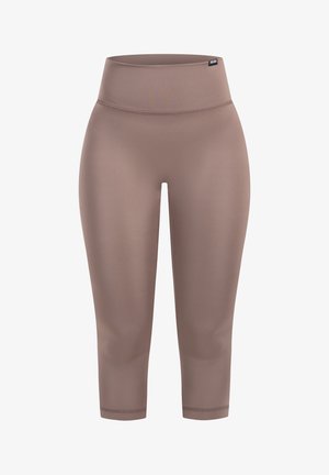 Bruine, middelhoogwaardige capri-legging van glad, rekbaar materiaal met een brede tailleband en geen zichtbare patronen of accenten.