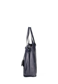 Borsa a spalla in pelle blu navy con due lunghi manici, superficie strutturata e tasca laterale. Caratterizzata da un ampio interno, senza dettagli hardware visibili.