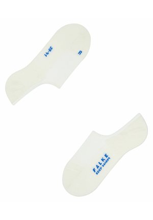 White ankle socks made of soft fabric, featuring blue text reading "FALKE" and "KEEP WARM." Smooth texture with a rounded toe design.