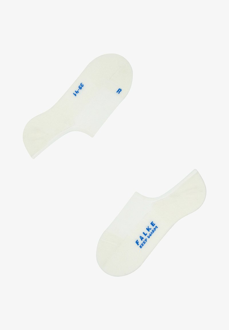 Calcetines tobilleros blancos hechos de tela suave, con texto azul que dice "FALKE" y "MANTEN CALIENTE". Textura lisa con un diseño de punta redonda.