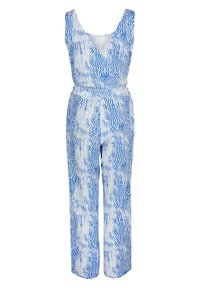 Combinaison sans manches avec col en V et jambes larges, présentant un motif abstrait zèbre texturé bleu et blanc.