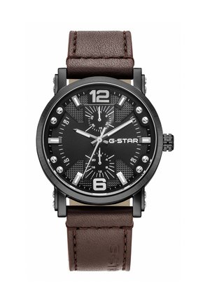 Orologio da polso da uomo con quadrante nero, indici bianchi, due quadranti ausiliari, lancette argento e cinturino in pelle marrone che mostra l'ora 10:08:35.