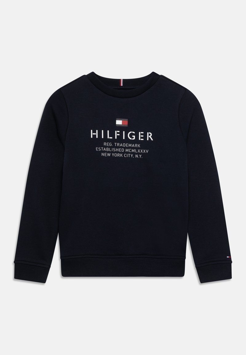 Tmavě modrá bavlněná mikina s dlouhými rukávy a kulatým výstřihem. Na přední straně bílý nápis "HILFIGER" a logo. Žebrované manžety a lem.