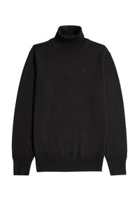 Schwarzer Rollkragenpullover aus einem Strickstoff. Verfügt über einen gerippten Kragen und Bündchen, mit einem kleinen Logo auf der Brust und einer lockeren Passform.