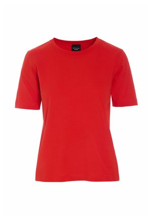 Solid red short-sleeve cotton T-shirt with a round neckline and a black label inside the collar.
