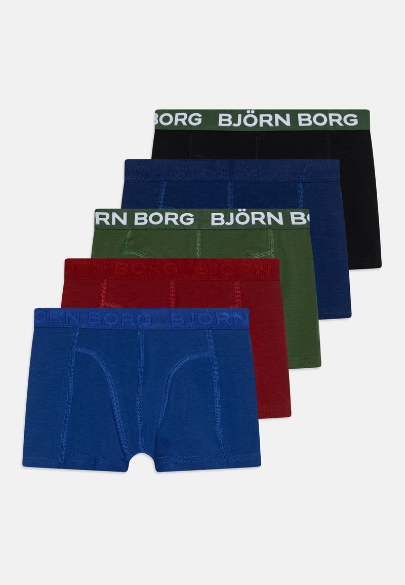Five pairs of men's boxer shorts in blue, green, red, black, and navy, featuring elastic waistbands with "BJÖRN BORG" logo in contrasting colors.