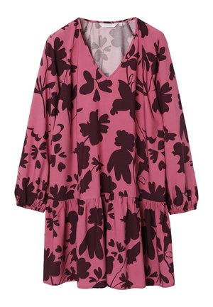 Pink dress with long sleeves, V-neck, and layered ruffle hem. Features a dark floral pattern and soft, lightweight fabric.