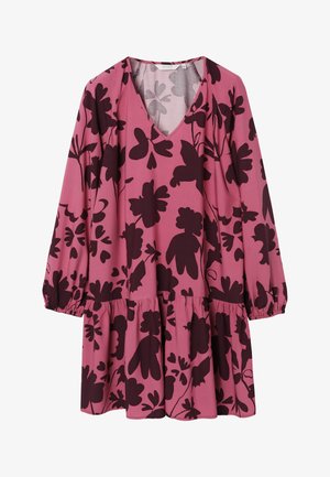 Pink dress with long sleeves, V-neck, and layered ruffle hem. Features a dark floral pattern and soft, lightweight fabric.