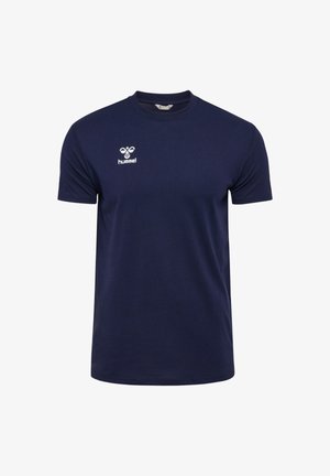 Marineblå bomuldst-shirt med rund halsudskæring, korte ærmer og et hvidt Hummel-logo på venstre bryst. Glat tekstur, standard pasform.
