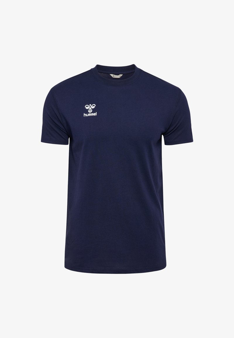 Marineblaues Baumwoll-T-Shirt mit Rundhalsausschnitt, kurzen Ärmeln und einem weißen Hummel-Logo auf der linken Brust. Glatte Textur, normale Passform.