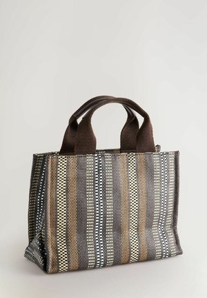 Textured tote bag featuring brown handles, a striped pattern in beige, brown, and blue tones, with a rectangular shape and reinforced edges.