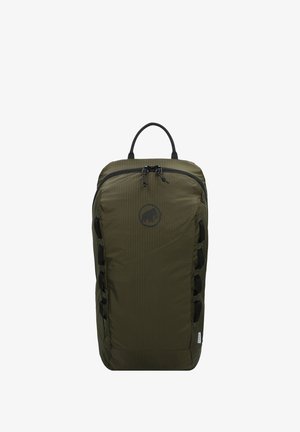 Kompaktne oliivroheline seljakott mustade tõmblukukäppade, ülemise kandekäepideme ja musta mammutilogo keskel esi paneelil.