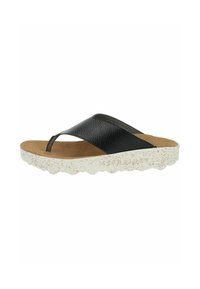 Sandali in pelle nera con tomaia texturizzata e soletta color tan, caratterizzati da una suola scallop bianco maculato per una maggiore aderenza e comfort.