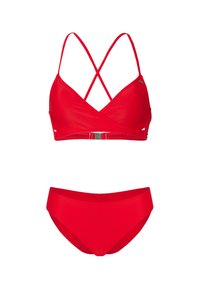 Ensemble de bikini rouge avec un haut triangulaire à bretelles croisées et un fermoir, associé à un bas taille haute assorti. Texture lisse et mate.