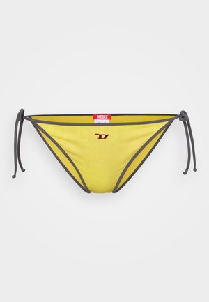 Geel bikini broekje met grijze bevestigingsriemen, voorzien van een glanzend logo, minimalistisch ontwerp met beperkte bedekking en een gladde textuur.