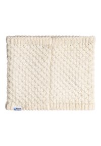 Cremefarvet, strikket ulden halsvarmer med diagonal ribmønster og et lille syet Roxy brandmærke i nederste venstre hjørne.