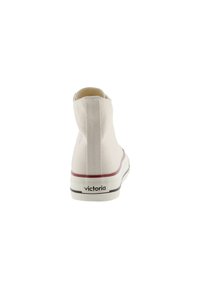 Witte canvas hoge sneakers met een ronde neus, een textuurafwerking en een scharlakenrode streep langs de tussenzool. "Victoria" logo op de hiel.