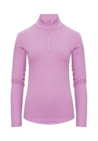 Maglietta a maniche lunghe viola chiaro con colletto a metà zip. Realizzata in tessuto morbido ed elastico. Presenta un logo discreto sul davanti.