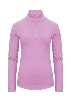 Maglietta a maniche lunghe viola chiaro con colletto a metà zip. Realizzata in tessuto morbido ed elastico. Presenta un logo discreto sul davanti.