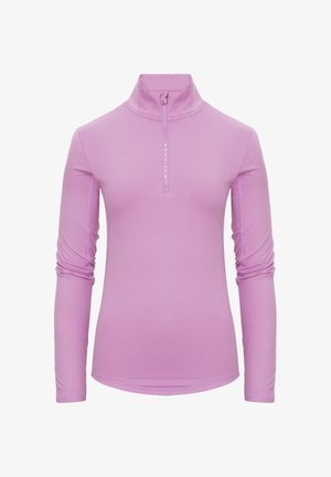 Ljust lila långärmad tröja med halvdragkedja. Tillverkad av ett glatt, stretchigt tyg. Har en diskret logotyp framtill.