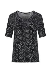 Zwarte korte mouwen t-shirt met een ronde halslijn, voorzien van een patroon van witte stippen. Zachte stof met een relaxte fit.