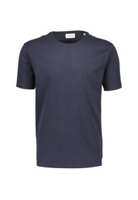 Granatowy t-shirt bawełniany z okrągłym dekoltem i krótkimi rękawami. Gładka faktura z minimalnymi zdobieniami i małą metką marki wewnątrz.