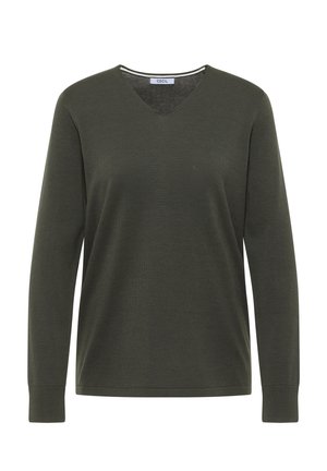Olivově zelený svetr z měkké pleteniny, s výstřihem do V a dlouhými rukávy s žebrovanými manžetami a lemem. Bez vzorů nebo textur.