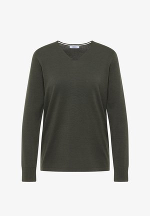 Olivově zelený svetr z měkké pleteniny, s výstřihem do V a dlouhými rukávy s žebrovanými manžetami a lemem. Bez vzorů nebo textur.